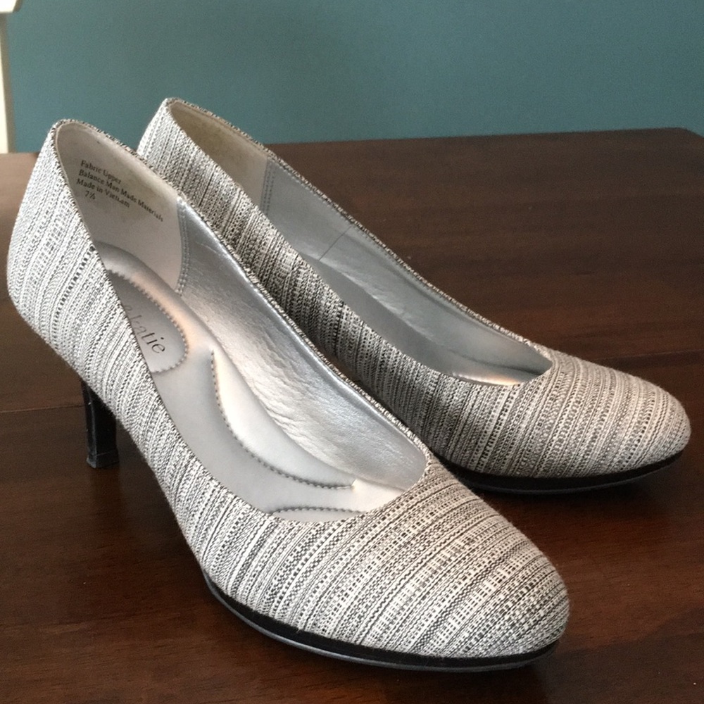 Black and white fabric upper heels